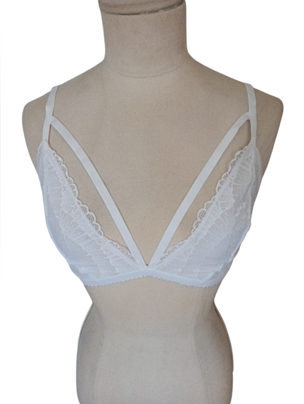 White Lace Bralette Strappy Front Design Wireless Triangle Bralette Size S New
